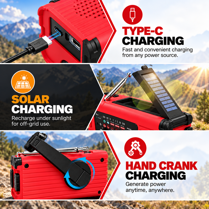 Charge the weather radio by USB-C, solar panel or hand crank