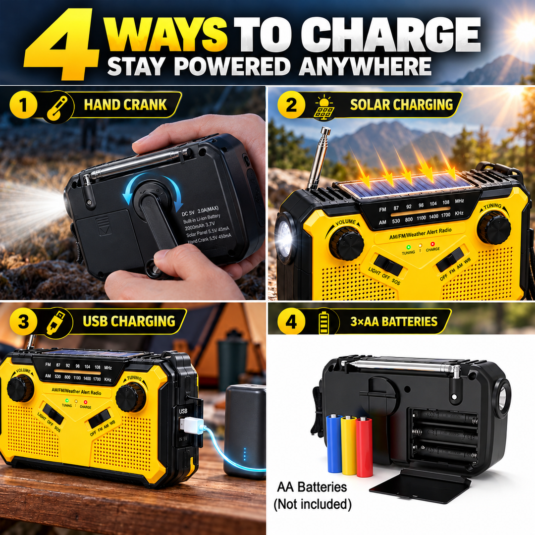 Four ways to charge the wind up radio: hand crank, solar, USB and 3 AA batteries