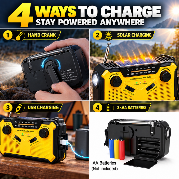 Four ways to charge the wind up radio: hand crank, solar, USB and 3 AA batteries