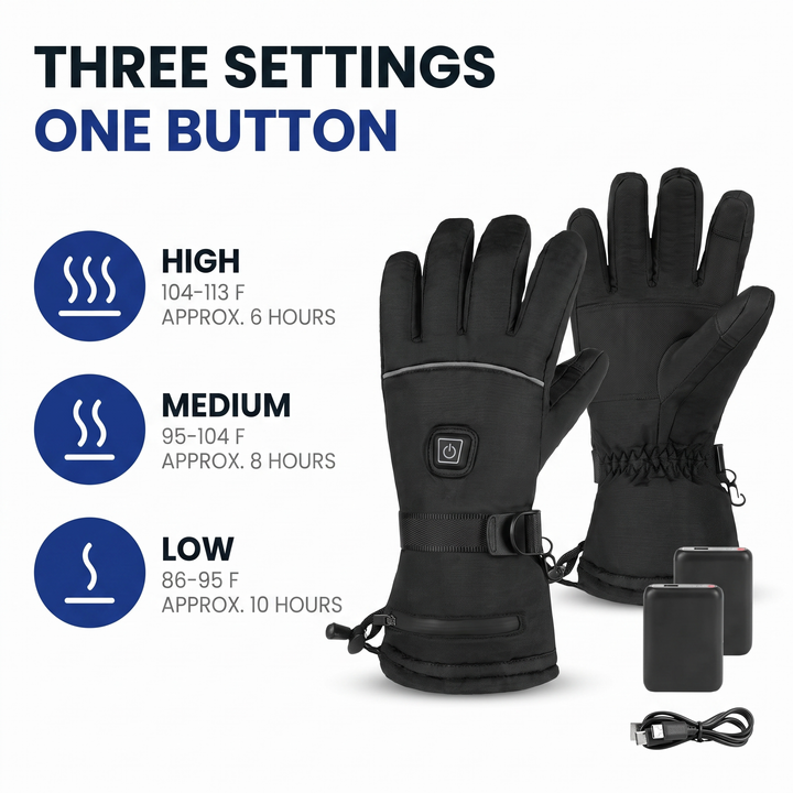 Three heat settings with one button: high 104-113°F, medium 95-104°F, low 86-95°F