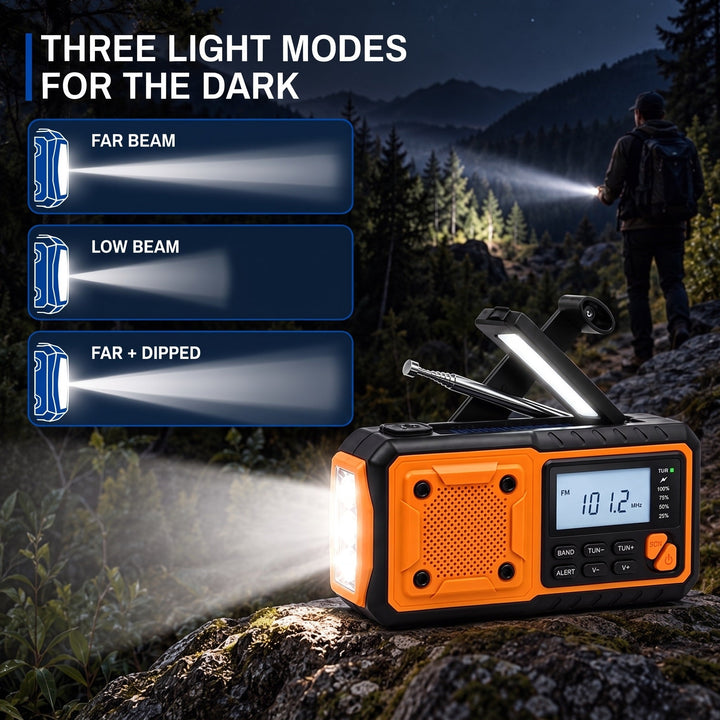 Three flashlight modes: far beam, low beam and far plus dipped