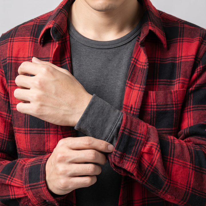 Thermal shirt knit cuff and crew neck worn under a flannel shirt