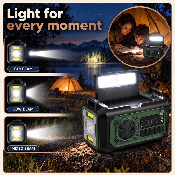 Weather radio flashlight with far, low and mixed beam and the fold-up reading lamp