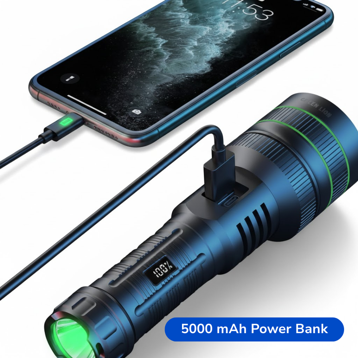 Rechargeable flashlight charging a phone through its 5000 mAh power bank
