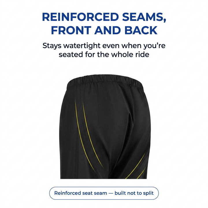 Rain pants with reinforced seat seam