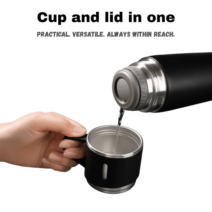 Pouring a drink from the stainless steel flask into the lid cup