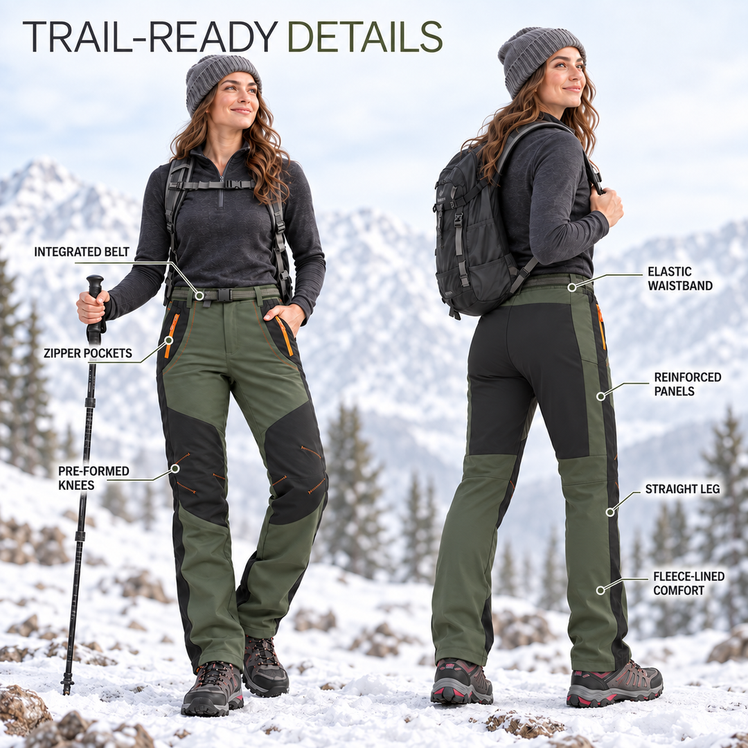 Women's hiking pants trail details: belt, zip pockets, pre-formed knees and fleece lining