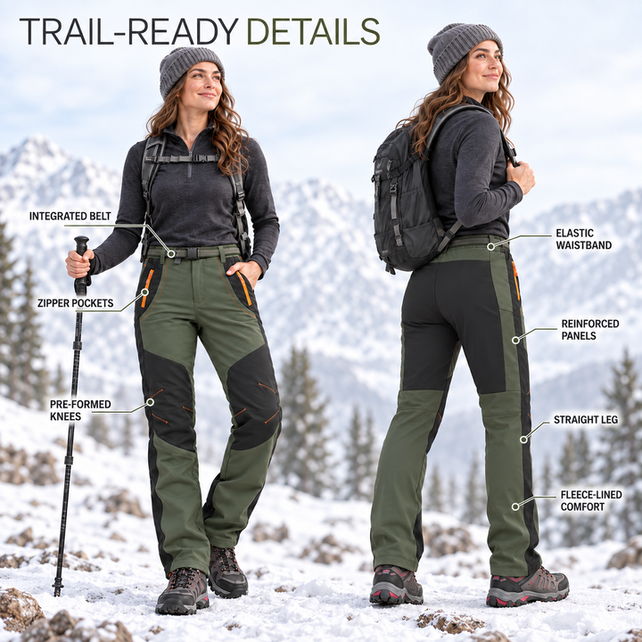 Women's hiking pants trail details: belt, zip pockets, pre-formed knees and fleece lining