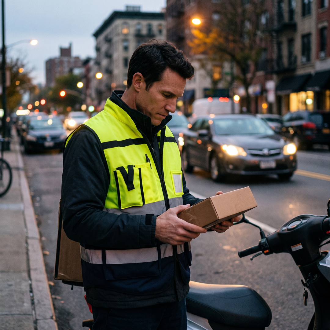 Delivery rider wearing the vest at dusk beside a scooter