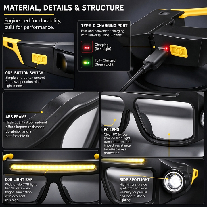 Material details: ABS frame, PC lens, USB-C charging port, COB light bar and side spotlight
