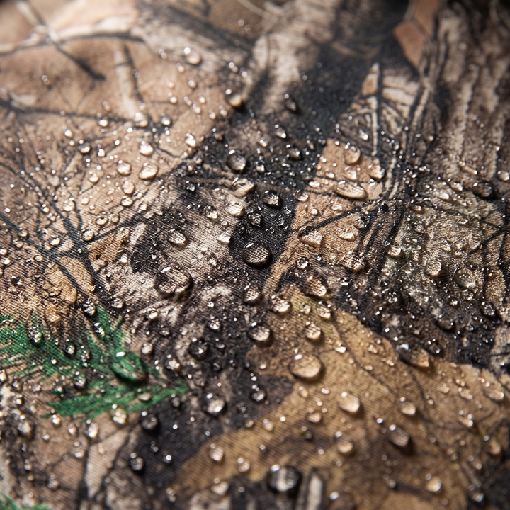 Close-up of water beading on the water-resistant softshell face