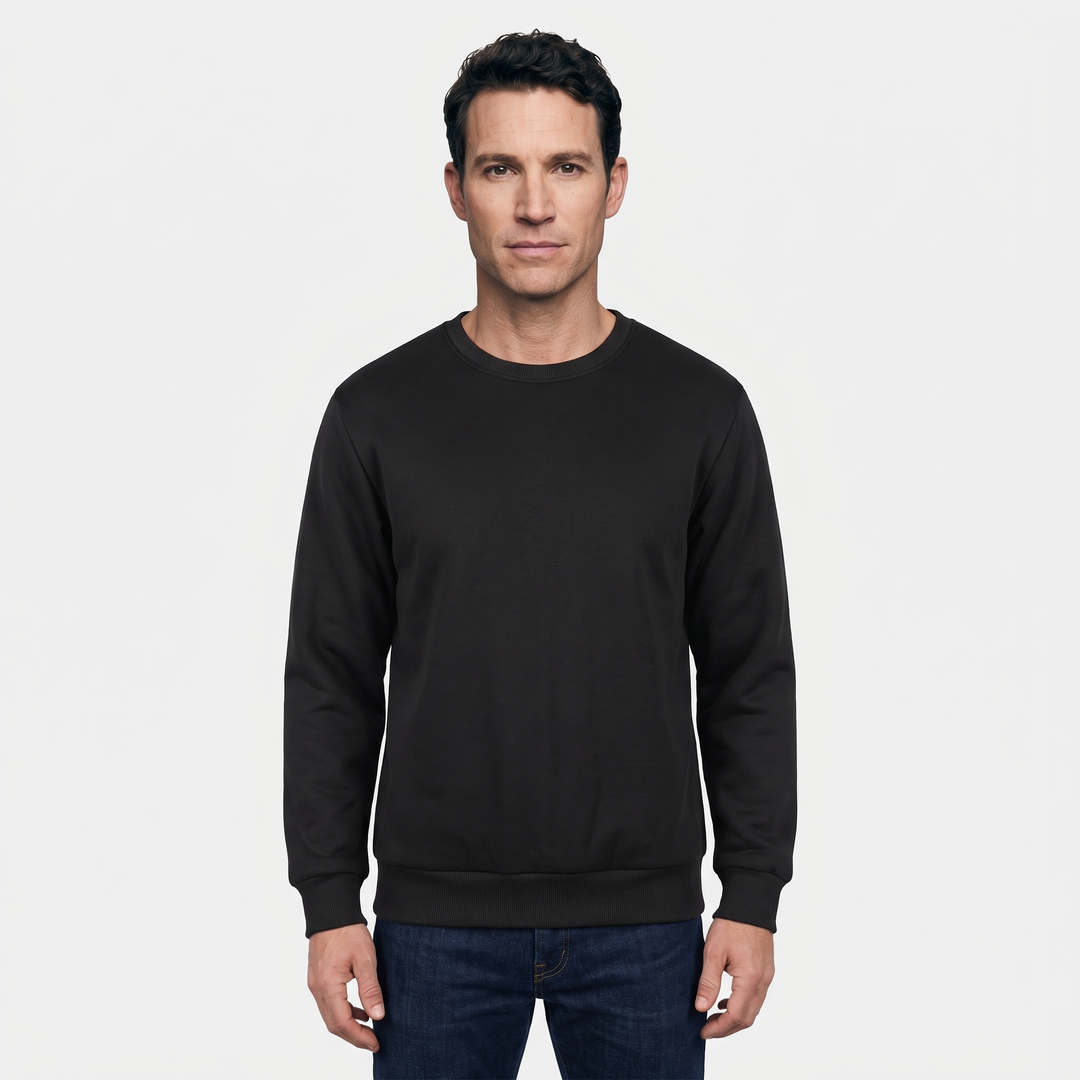 Man wearing the Black sherpa lined crewneck sweatshirt