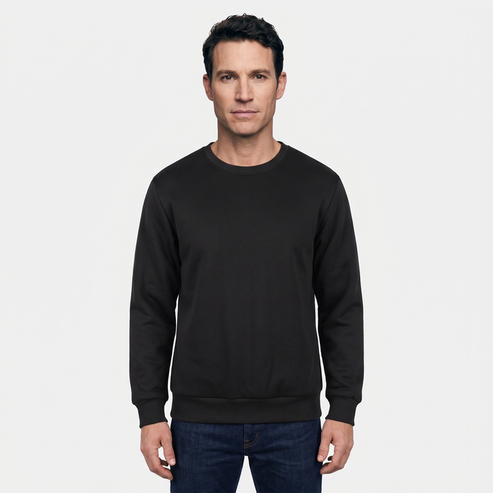 Man wearing the Black sherpa lined crewneck sweatshirt