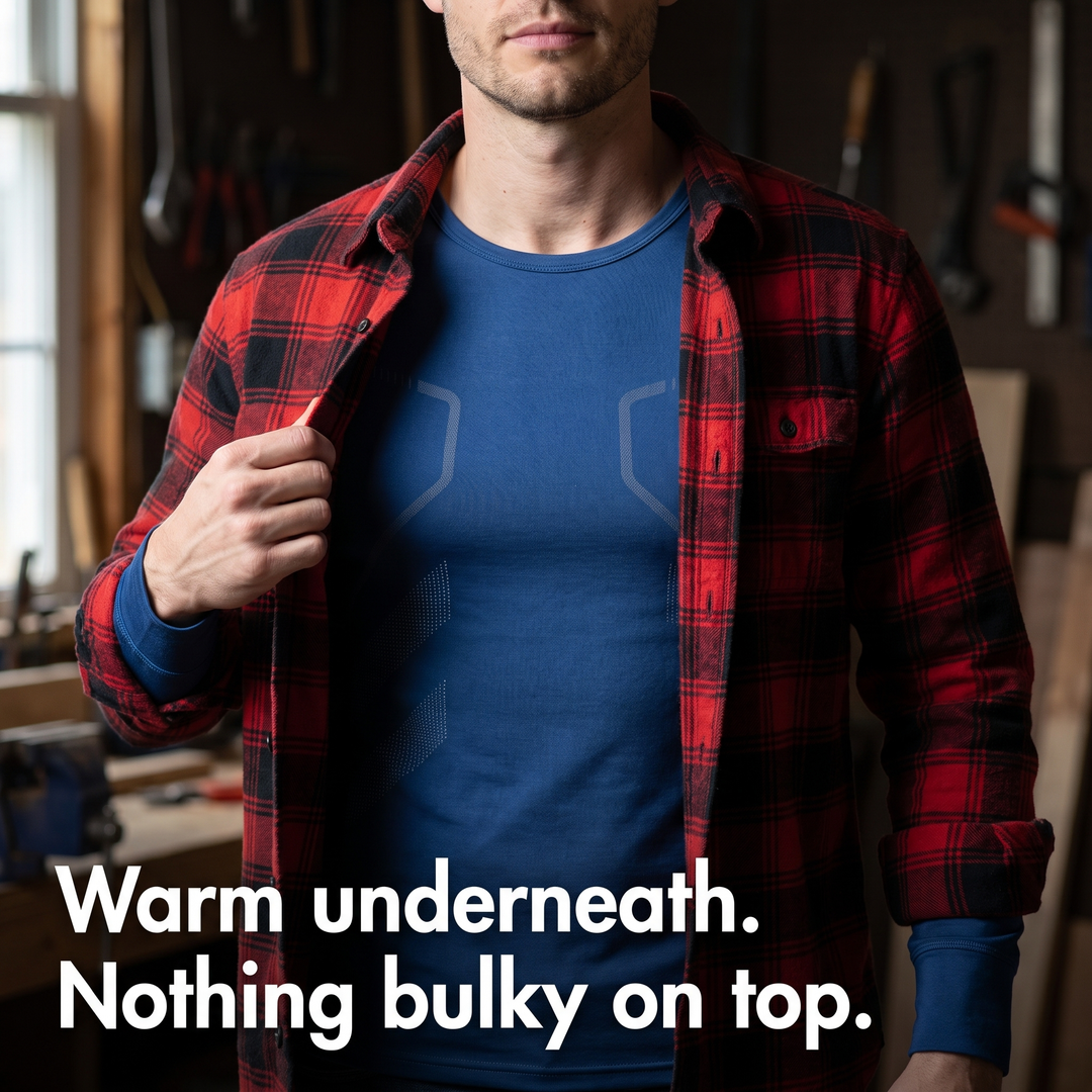 Thermal top layered flat under an open flannel shirt