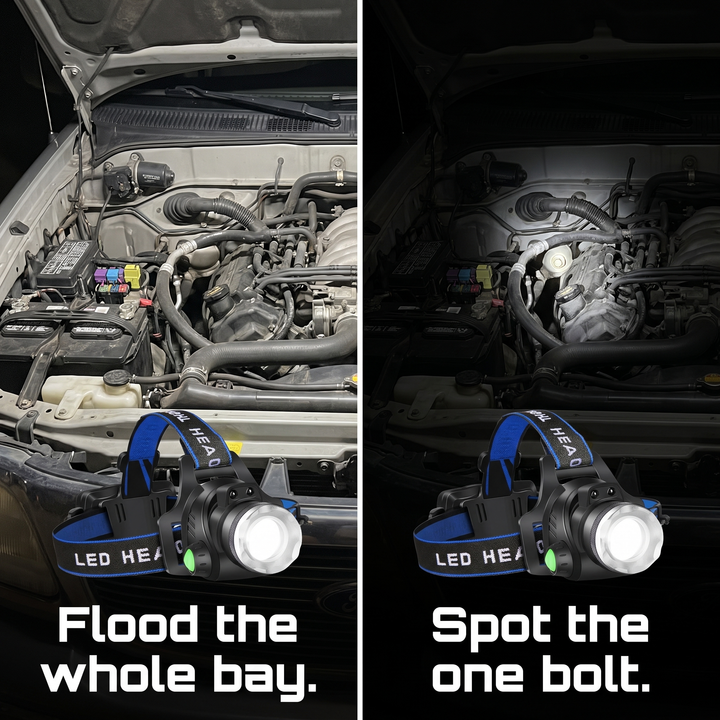 Headlamp zoom shown in an engine bay, wide flood on the left and tight spot on the right