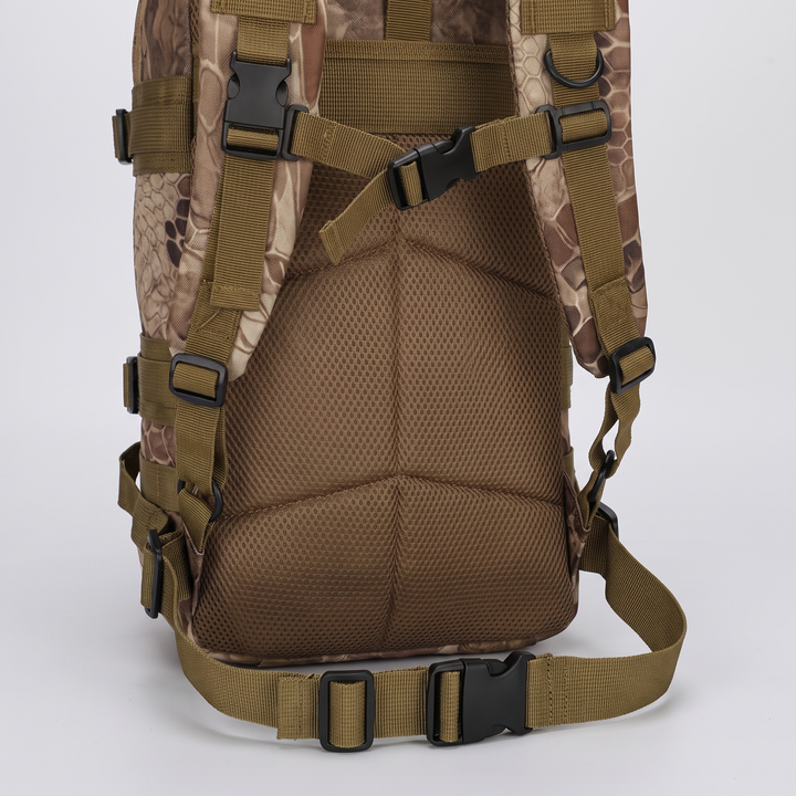 Close-up of the padded mesh back panel, sternum strap and waist strap
