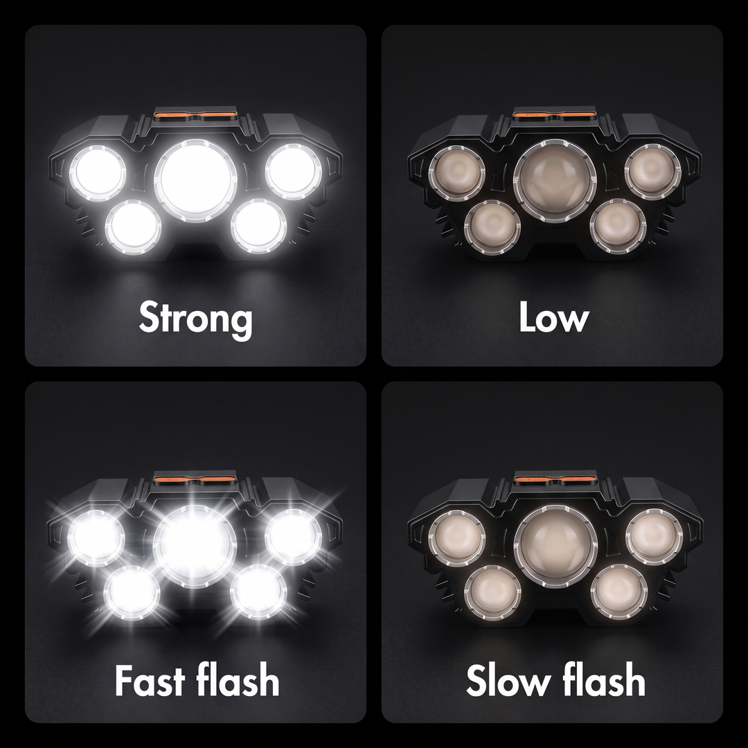 The four headlamp modes: strong, low, fast flash and slow flash