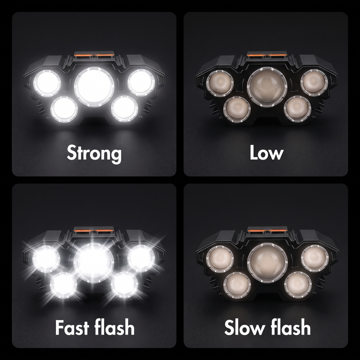 The four headlamp modes: strong, low, fast flash and slow flash