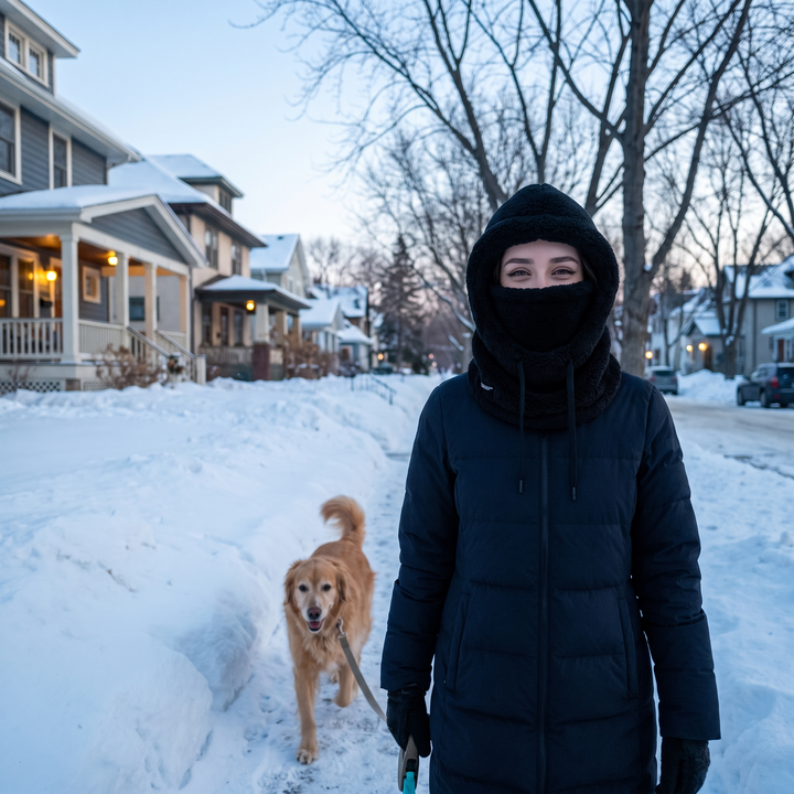 Woman walking a dog on a snowy sidewalk at dawn wearing the Black fleece balaclava hood
