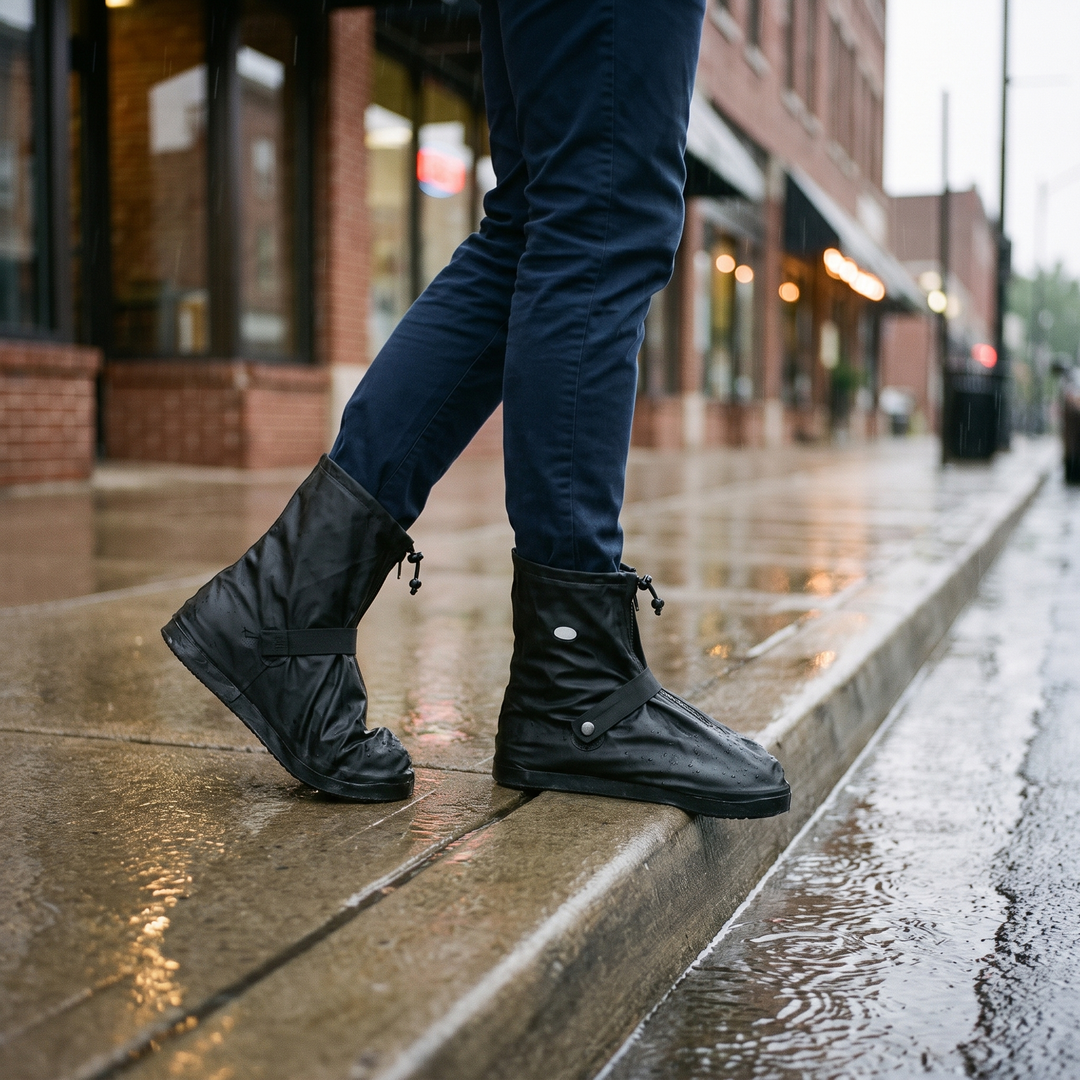 Stepping onto a wet curb on a rainy city street wearing zip-up shoe covers over chinos