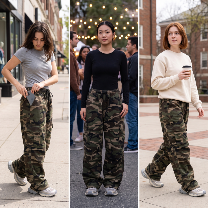 The camo cargo pants worn three ways: sidewalk, evening event and campus