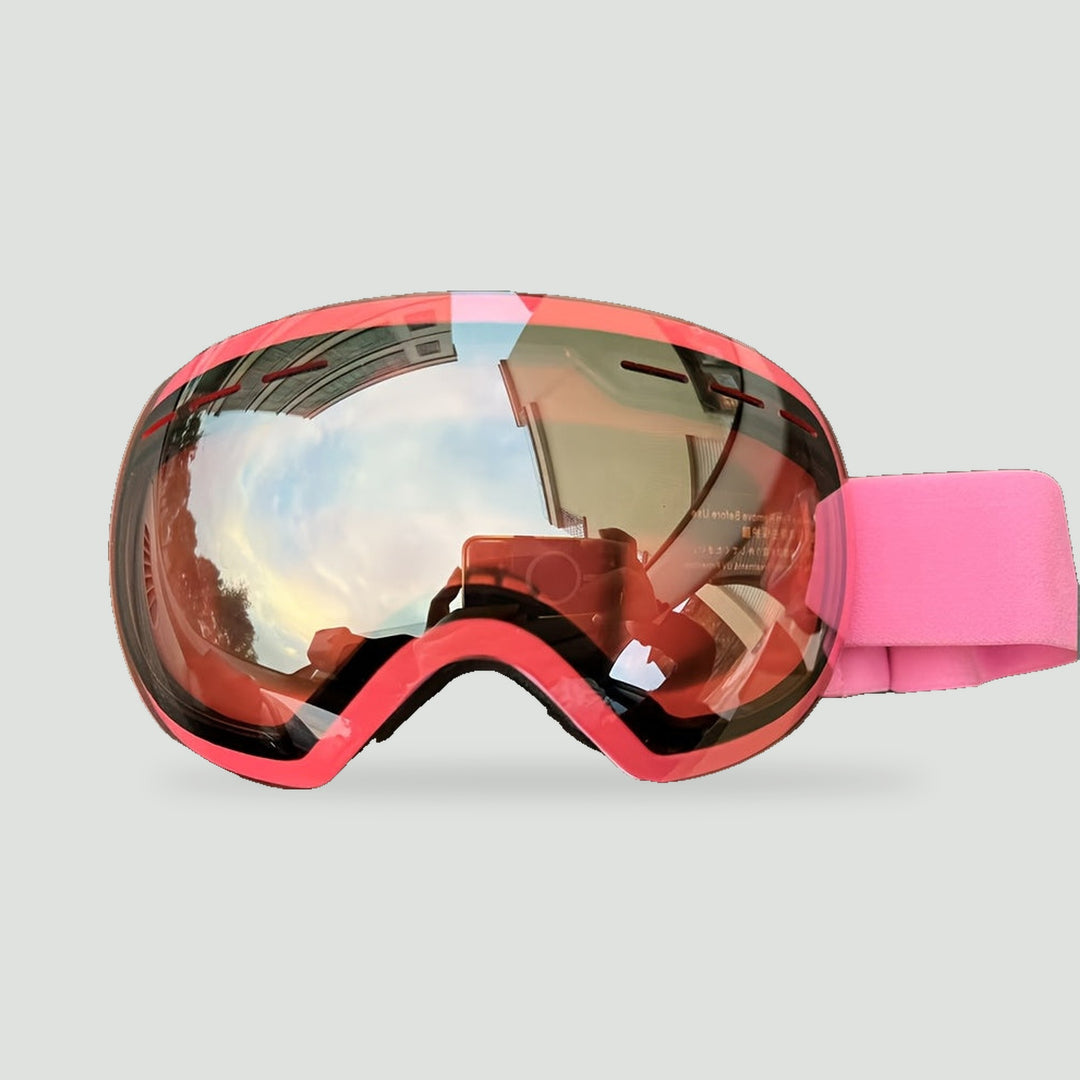Ski goggles with pink frame and pink strap