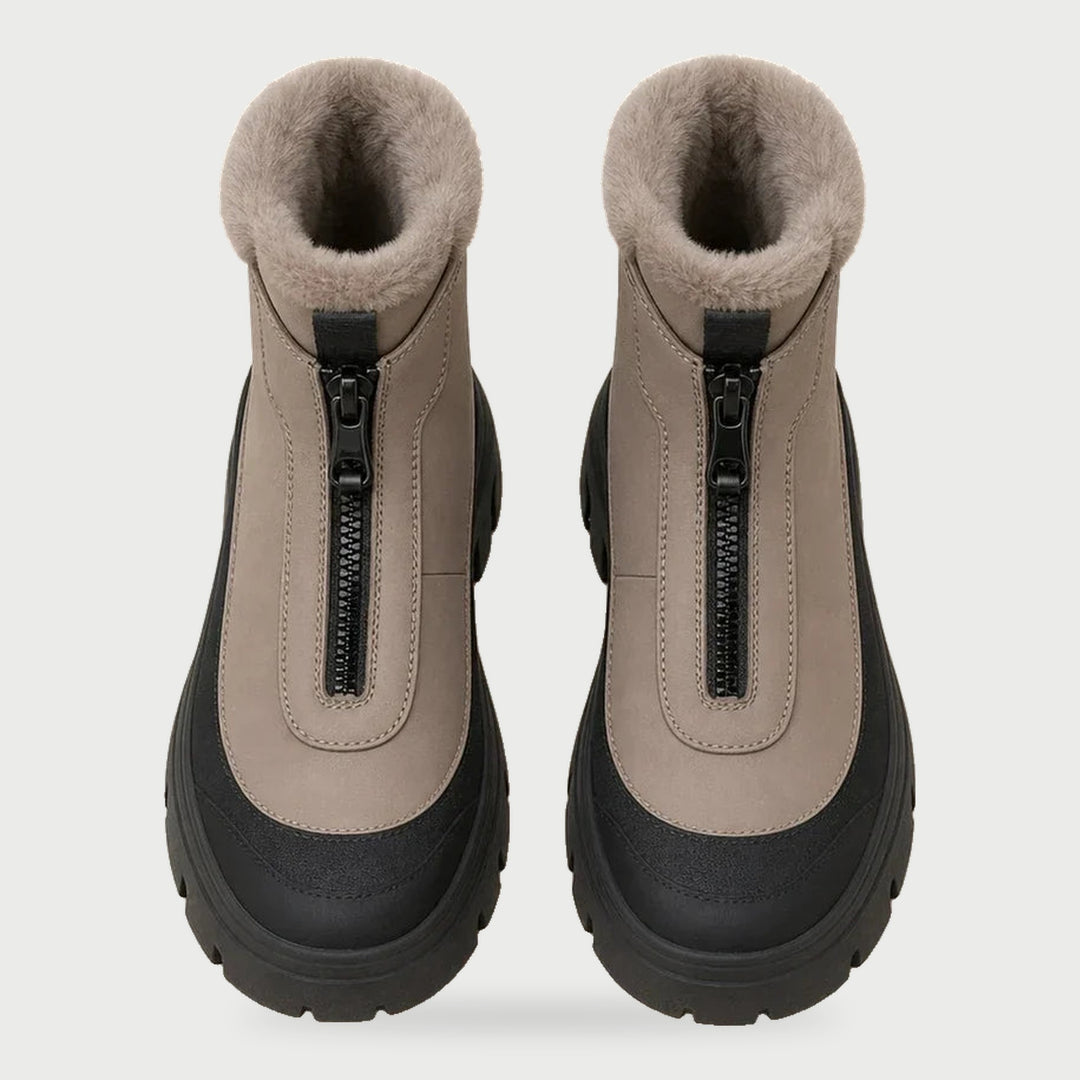 Front view of the taupe front zip snow boots with plush collar