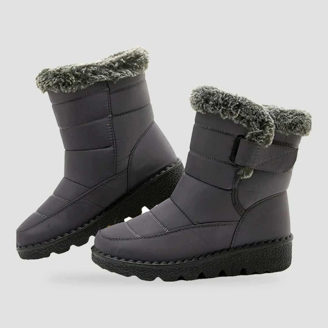 Women's fur lined boots in Gray with faux fur cuff and strap