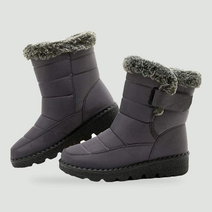 Women's fur lined boots in Gray with faux fur cuff and strap