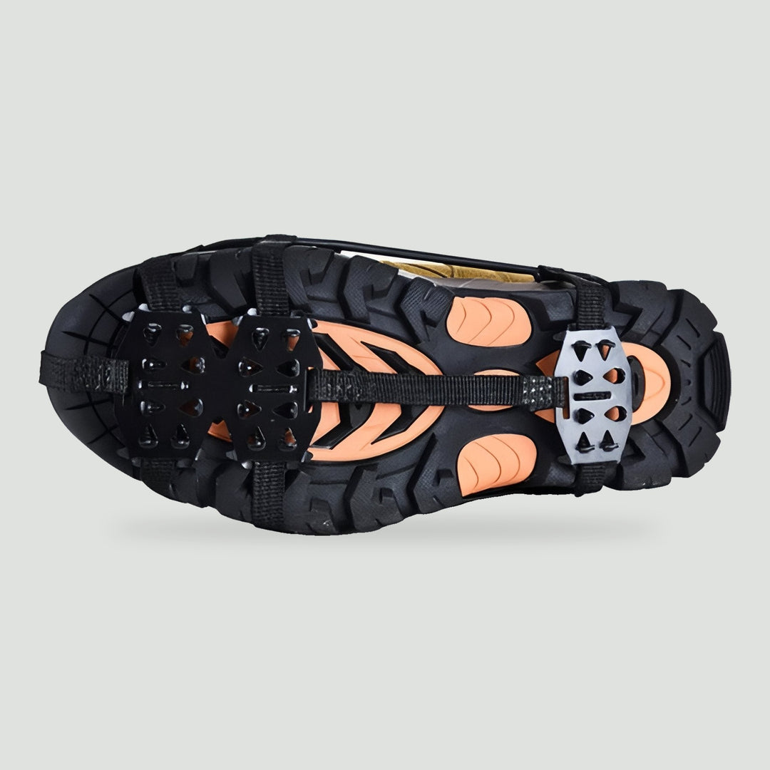 Sole view of the crampons with spike plates and straps