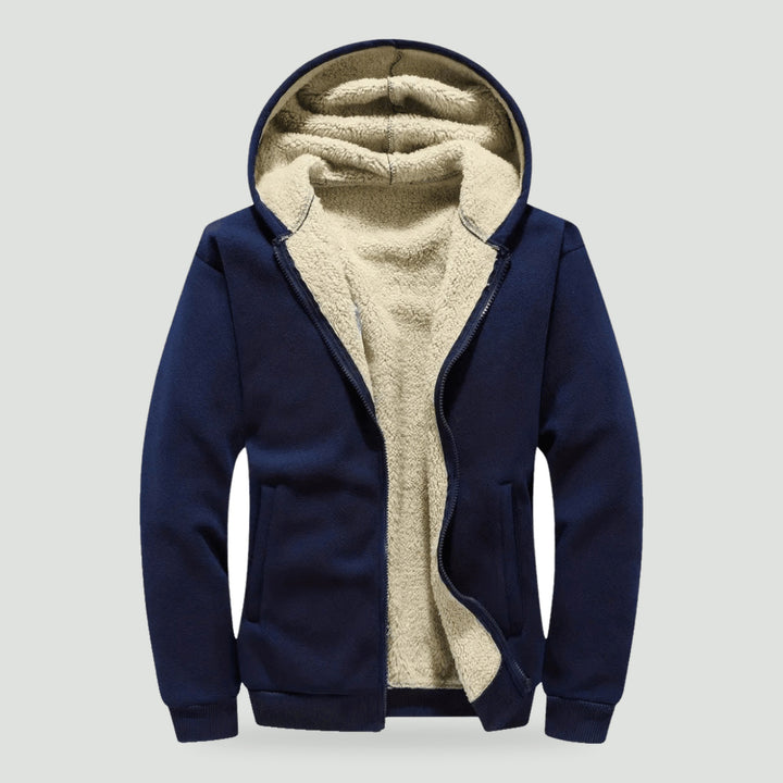 Men's sherpa hoodie in Navy, open front showing the sherpa lining