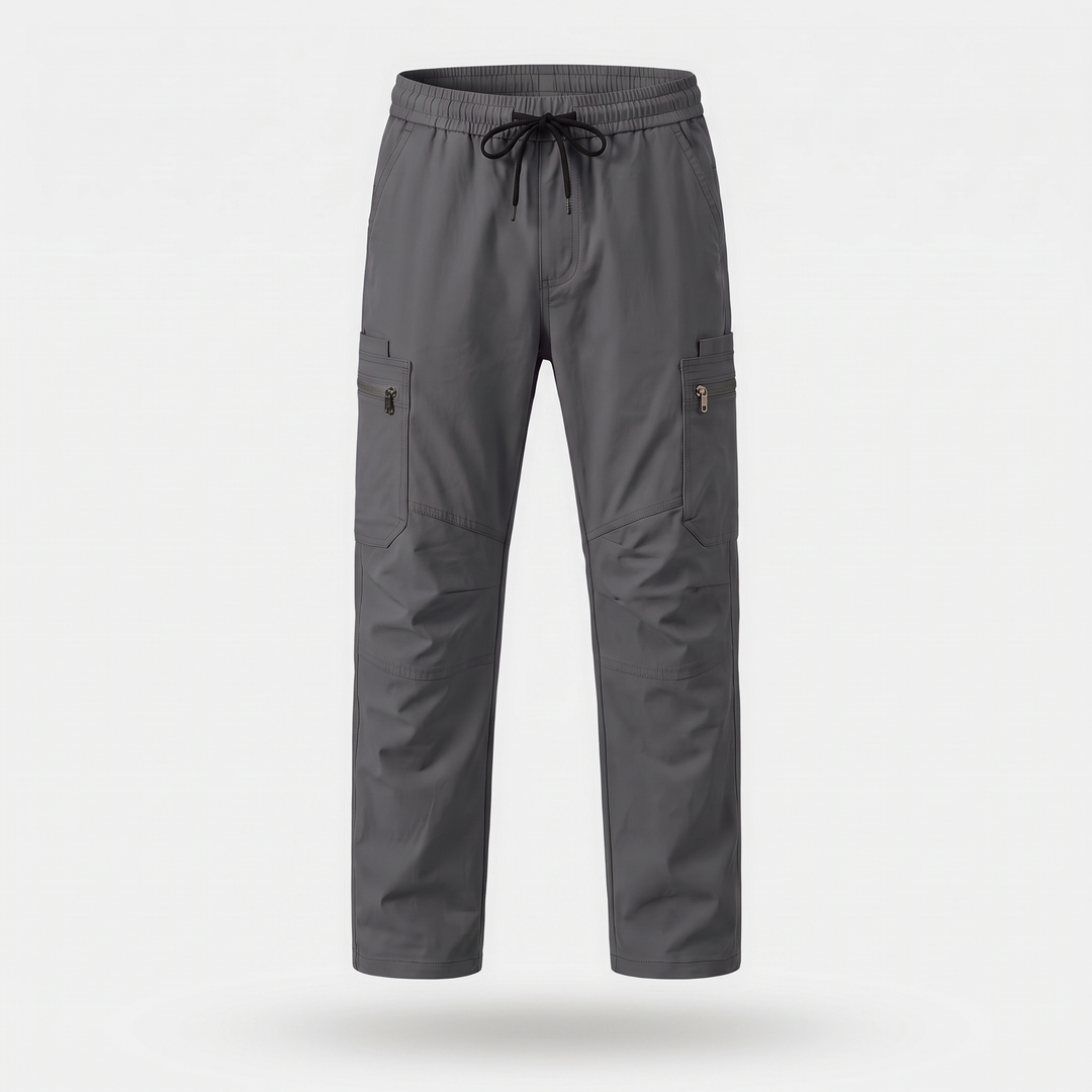 Men's elastic waist cargo pants in Dark Gray, front view