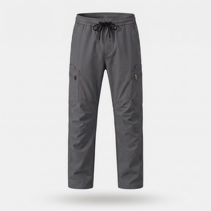 Men's elastic waist cargo pants in Dark Gray, front view