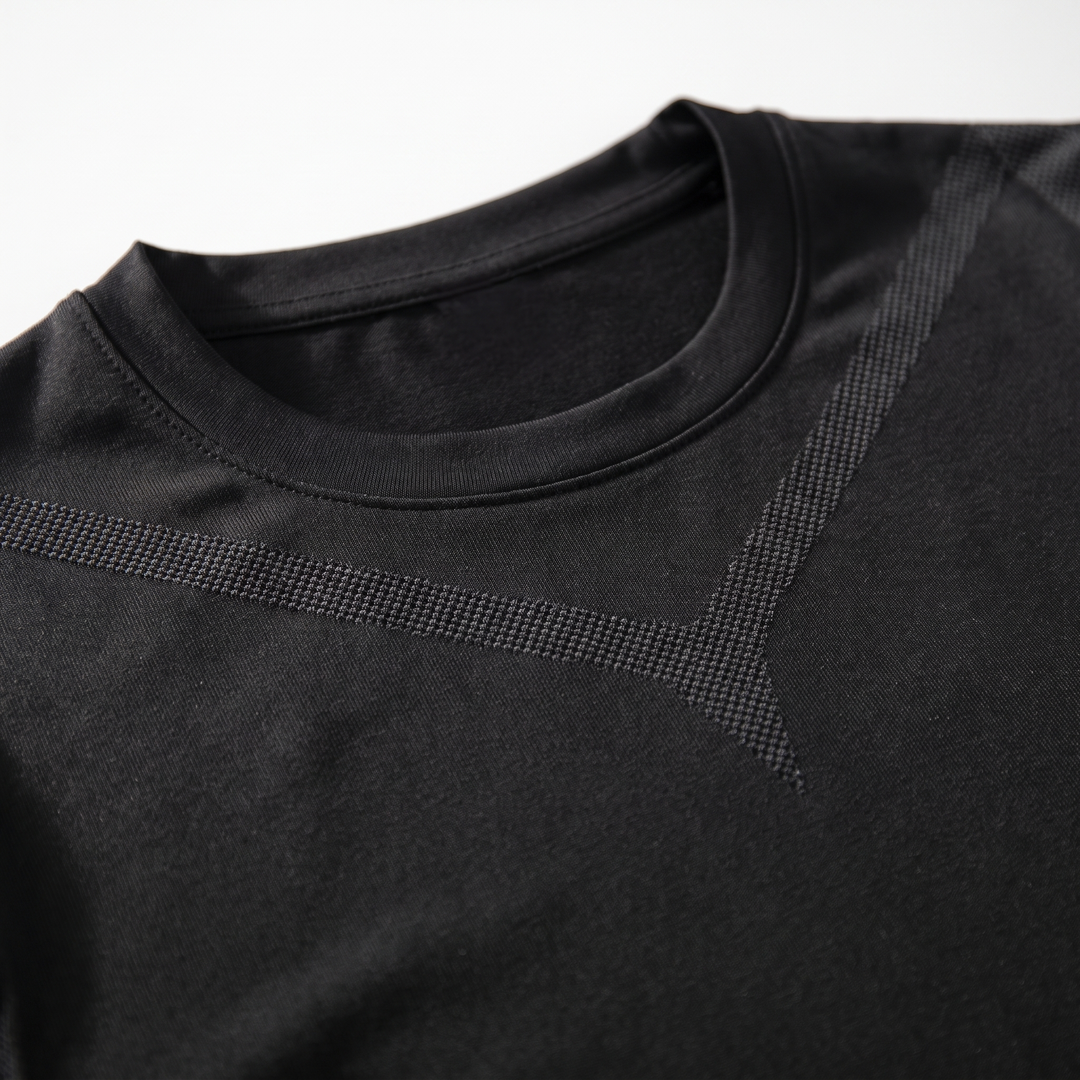 Tonal V-shaped textured knit band at the chest of the base layer top, close up