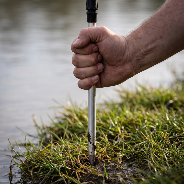 Spike tip of the fishing rod holder pushed into a soft bank