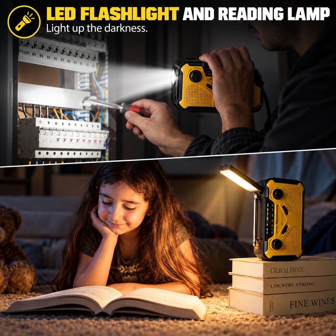Wind up radio LED flashlight and reading lamp in use