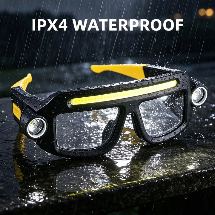 IPX4 water-resistant LED glasses headlamp in the rain