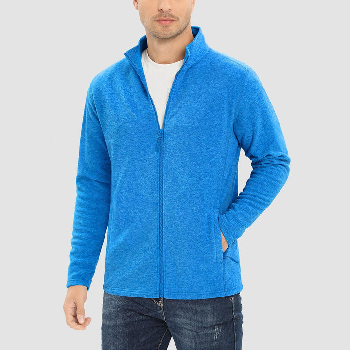 Men's full zip fleece jacket in Sea Blue, worn, front view