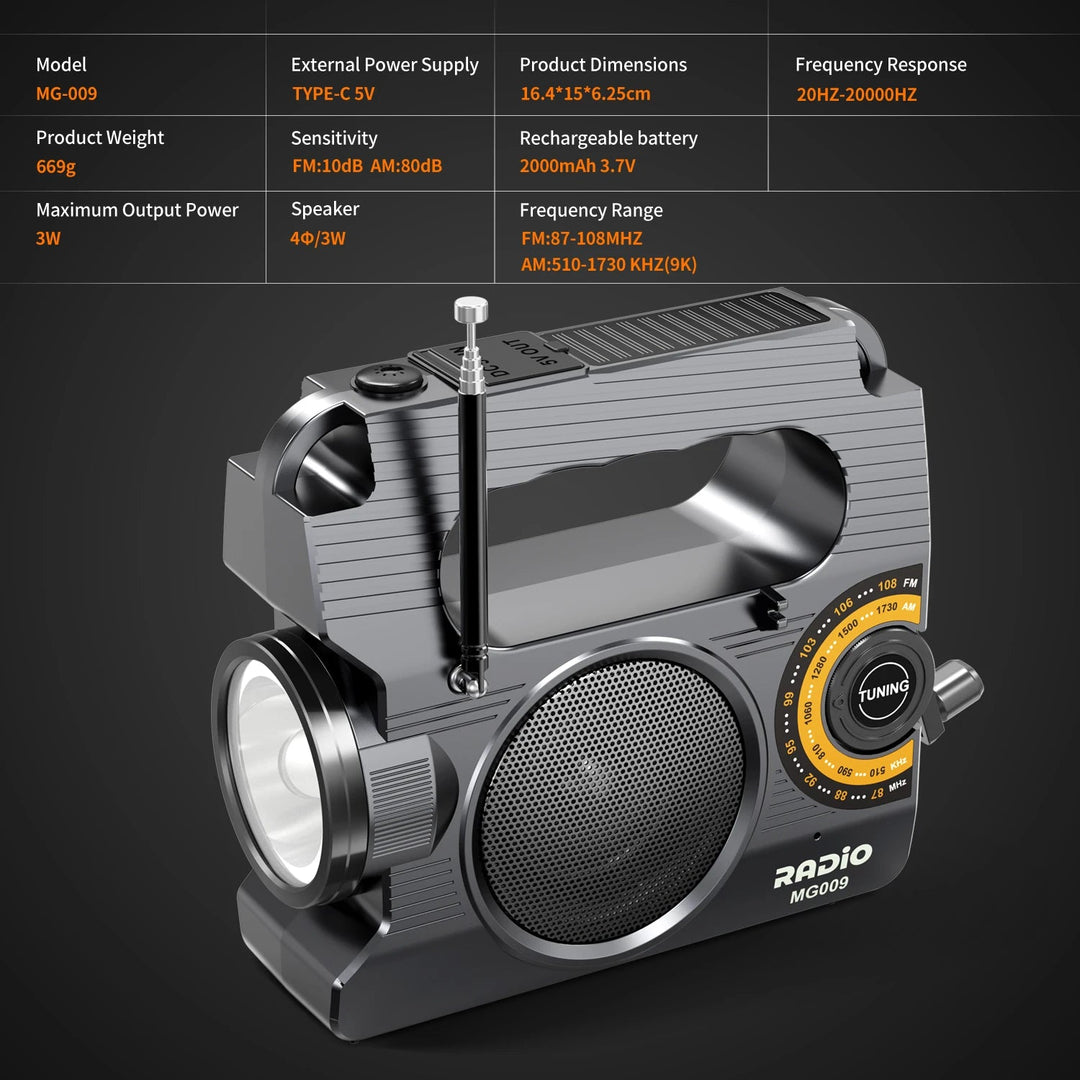 Solar radio specifications: 2000mAh battery, USB-C 5V input, 16.4 x 15 x 8.25 cm, 669 g and 3W speaker