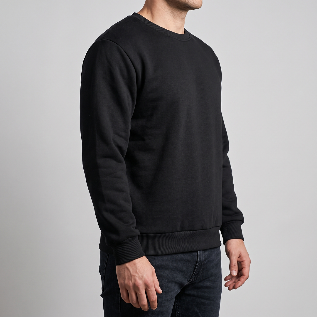 Deep ribbed hem band and ribbed cuff of the crewneck sweatshirt worn