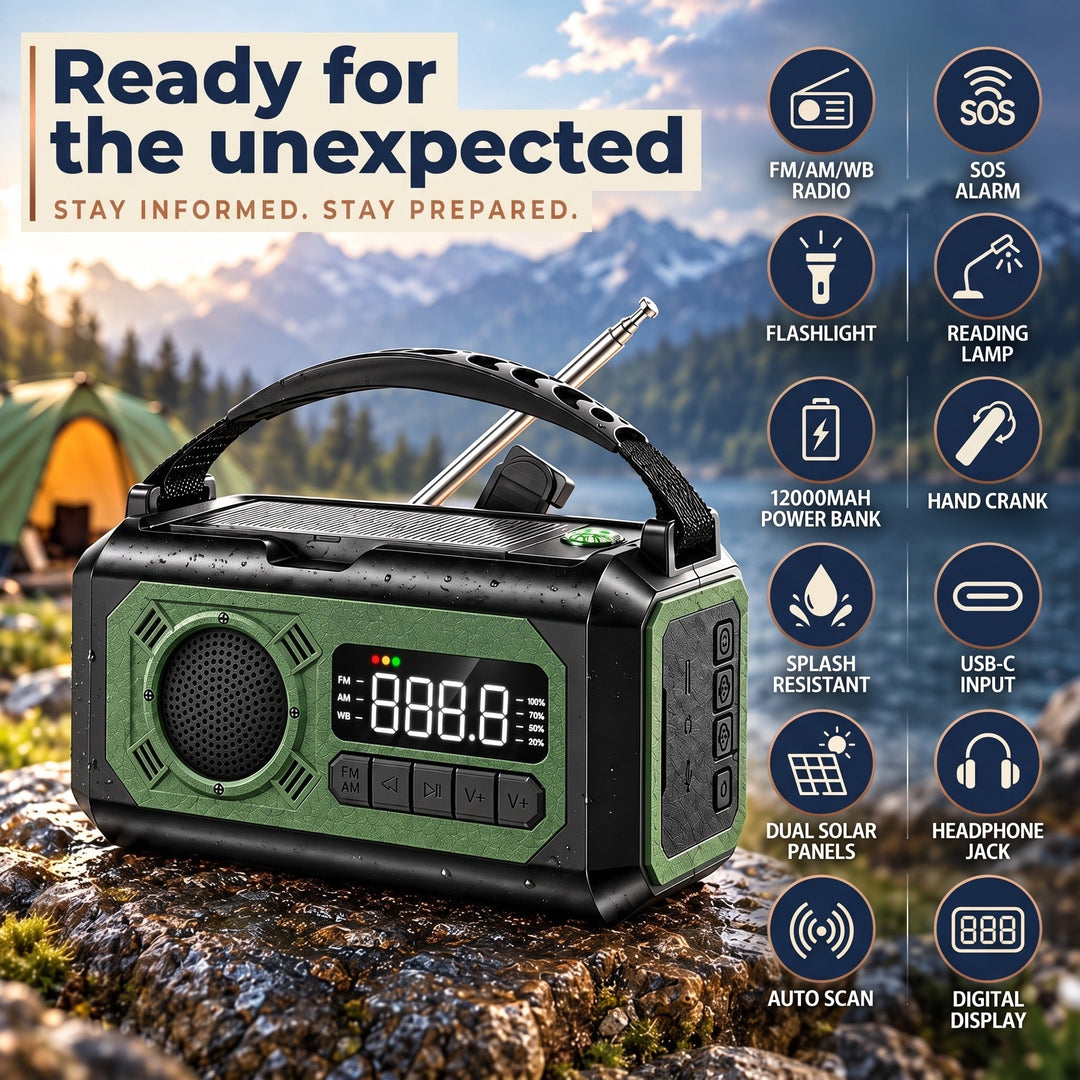NOAA weather radio features: FM AM WB radio, SOS alarm, flashlight, reading lamp, 12000mAh power bank, hand crank and USB-C input