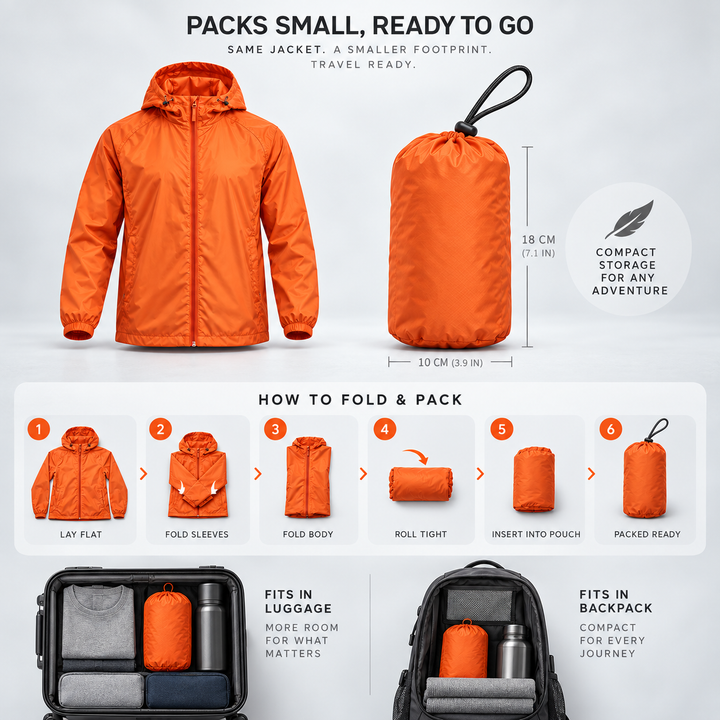 How the men's packable jacket folds into its storage bag to fit a backpack or luggage