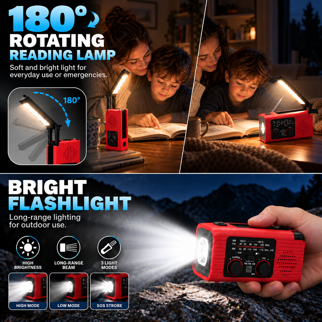 Weather radio 180 degree rotating reading lamp and bright flashlight