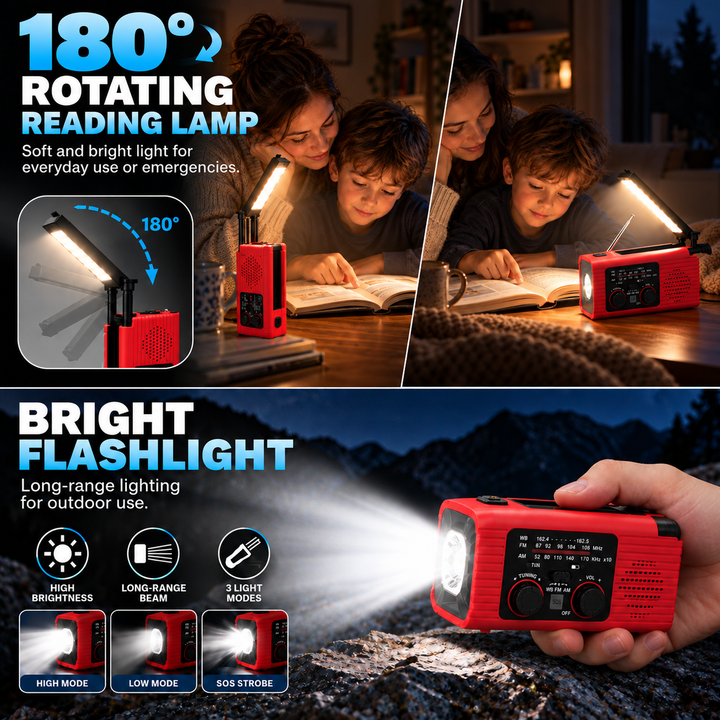 Weather radio 180 degree rotating reading lamp and bright flashlight