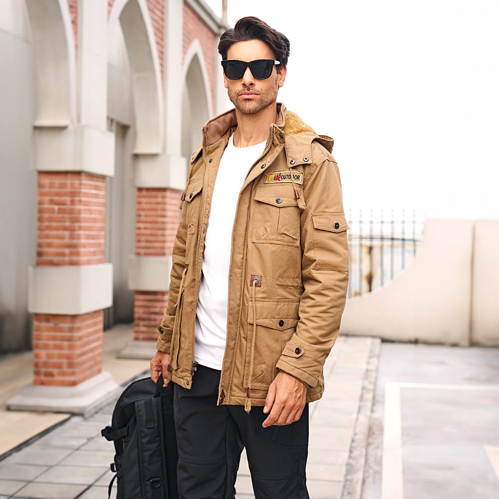 Man wearing the men's field jacket in Khaki