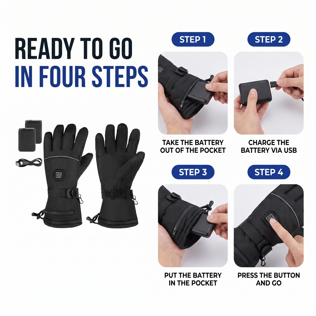 How to use the heated gloves in four steps: battery out, charge via USB, battery in, press the button