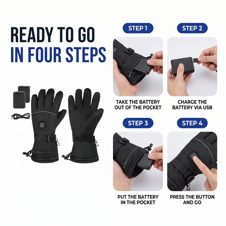 How to use the heated gloves in four steps: battery out, charge via USB, battery in, press the button