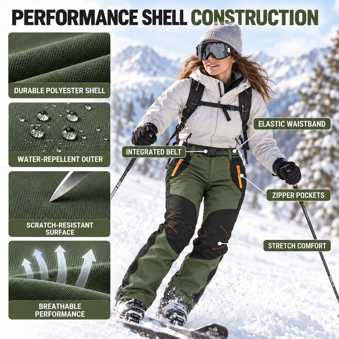 Women's hiking pants shell details: polyester shell, water-repellent outer, integrated belt and zip pockets