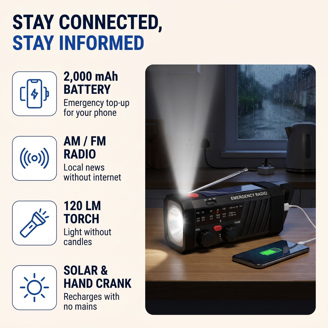 Crank radio charging a phone from its 2000 mAh battery