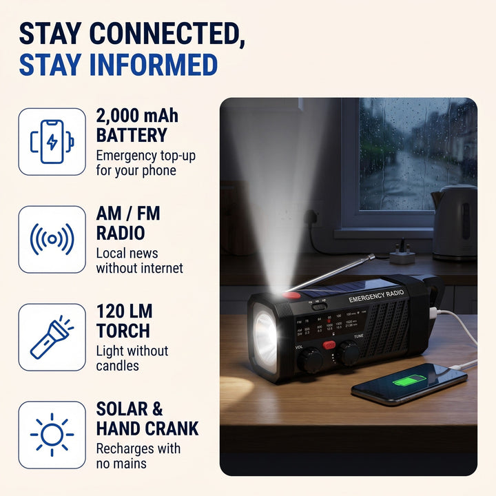 Crank radio charging a phone from its 2000 mAh battery